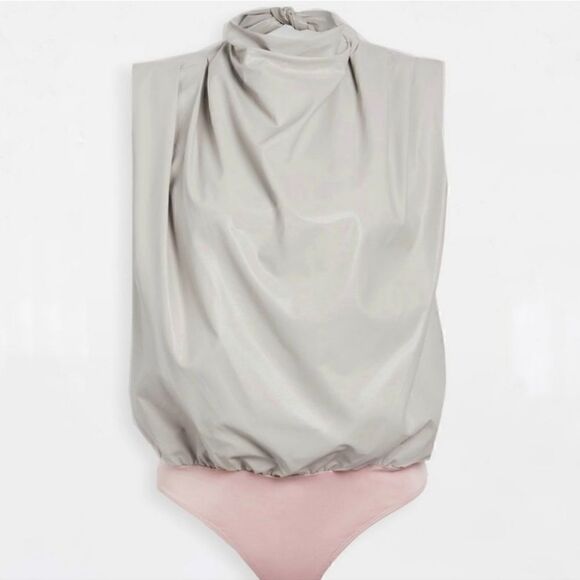 Amanda Uprichard Sleeveless Fabienne Faux Leather Bodysuit Dove Size M - Picture 16 of 16